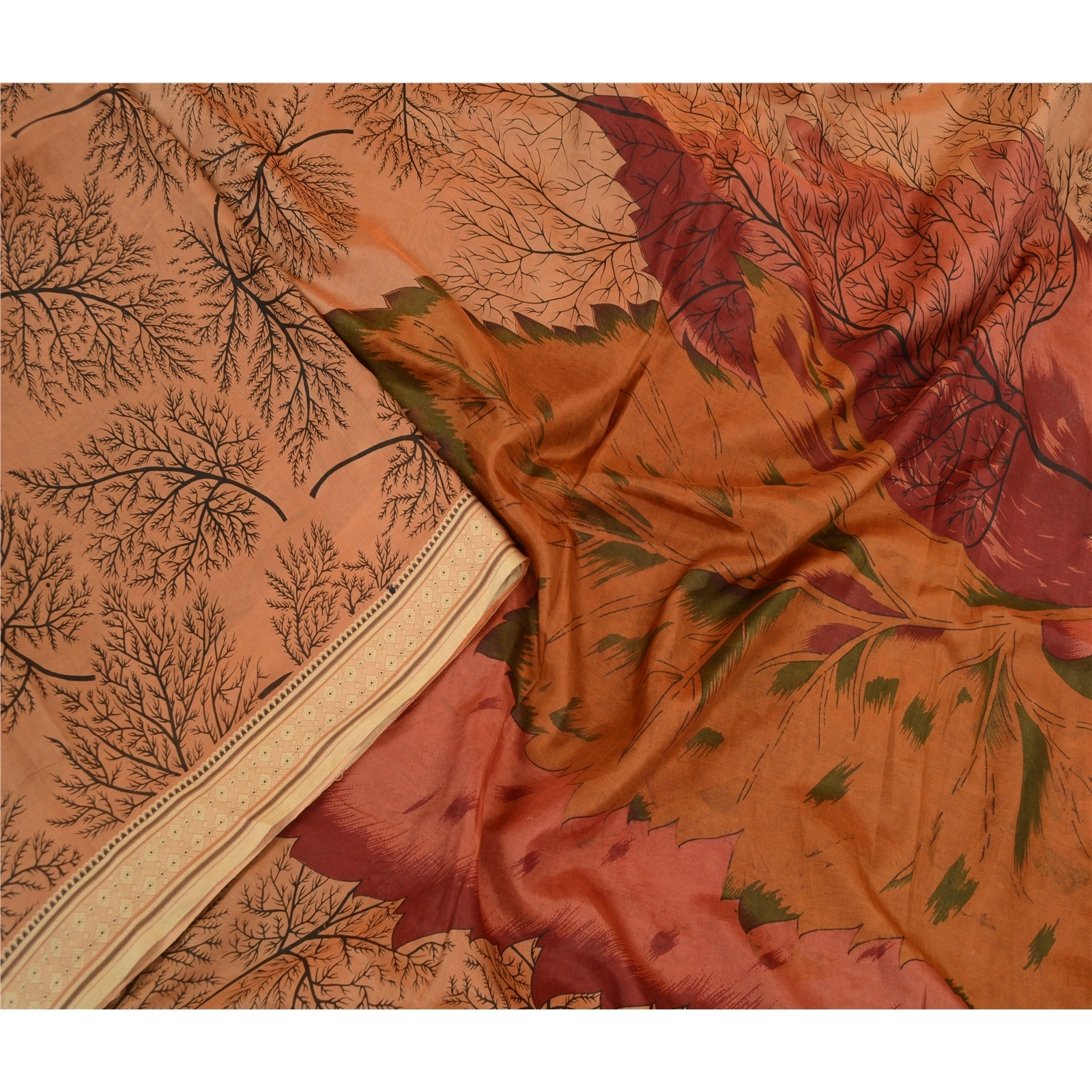 Sanskriti Vintage Sarees Indian Brown Printed Pure Silk Sari Floral Craft Fabric, PR-64153-Brown-Pure Silk-1