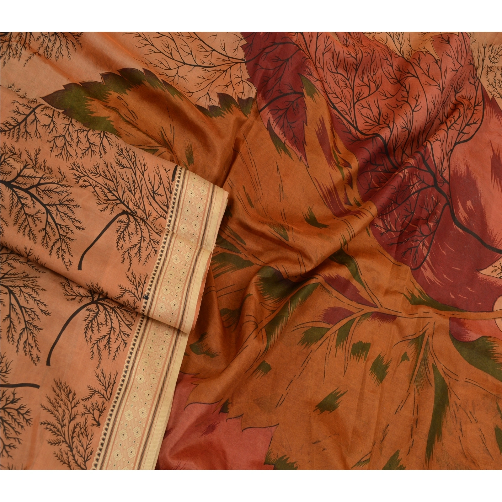 Sanskriti Vintage Sarees Indian Brown Printed Pure Silk Sari Floral Craft Fabric, PR-64153-Brown-Pure Silk-2