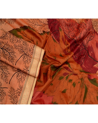 Sanskriti Vintage Sarees Indian Brown Printed Pure Silk Sari Floral Craft Fabric, PR-64153-Brown-Pure Silk-2
