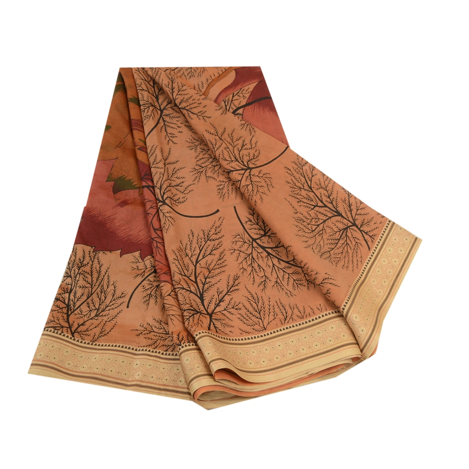 Sanskriti Vintage Sarees Indian Brown Printed Pure Silk Sari Floral Craft Fabric, PR-64153-Brown-Pure Silk-6