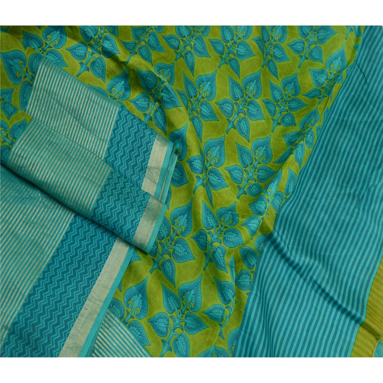 Sanskriti Vintage Sarees Indian Green Printed 100% Pure Silk Sari Craft Fabric, PR-64156-Green-Pure Silk-2