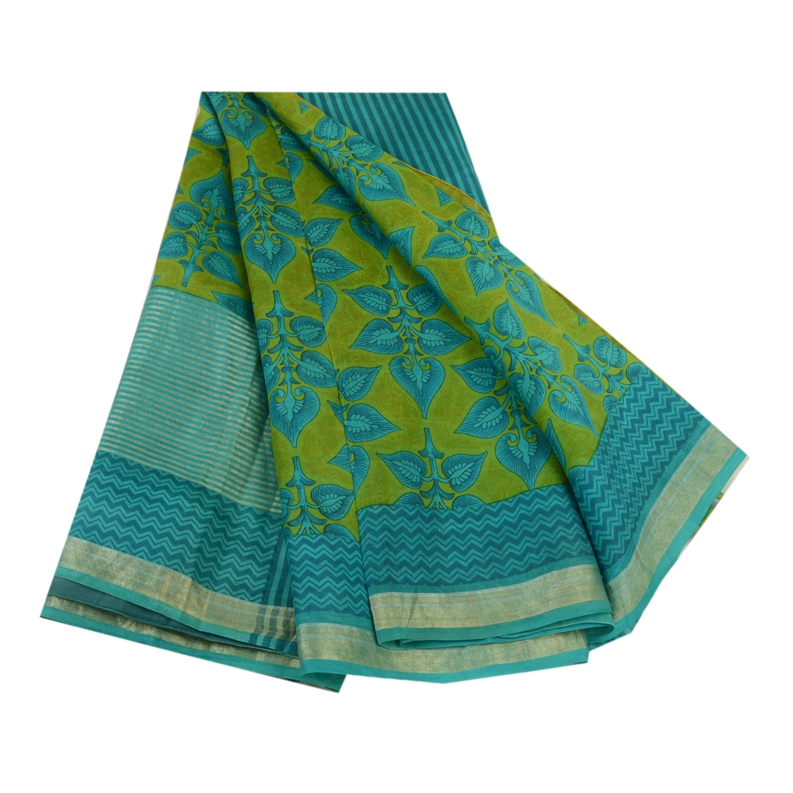 Sanskriti Vintage Sarees Indian Green Printed 100% Pure Silk Sari Craft Fabric, PR-64156-Green-Pure Silk-6