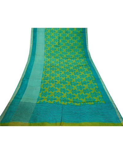 Sanskriti Vintage Sarees Indian Green Printed 100% Pure Silk Sari Craft Fabric, PR-64156-Green-Pure Silk-7