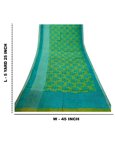 Sanskriti Vintage Sarees Indian Green Printed 100% Pure Silk Sari Craft Fabric, PR-64156-Green-Pure Silk-8