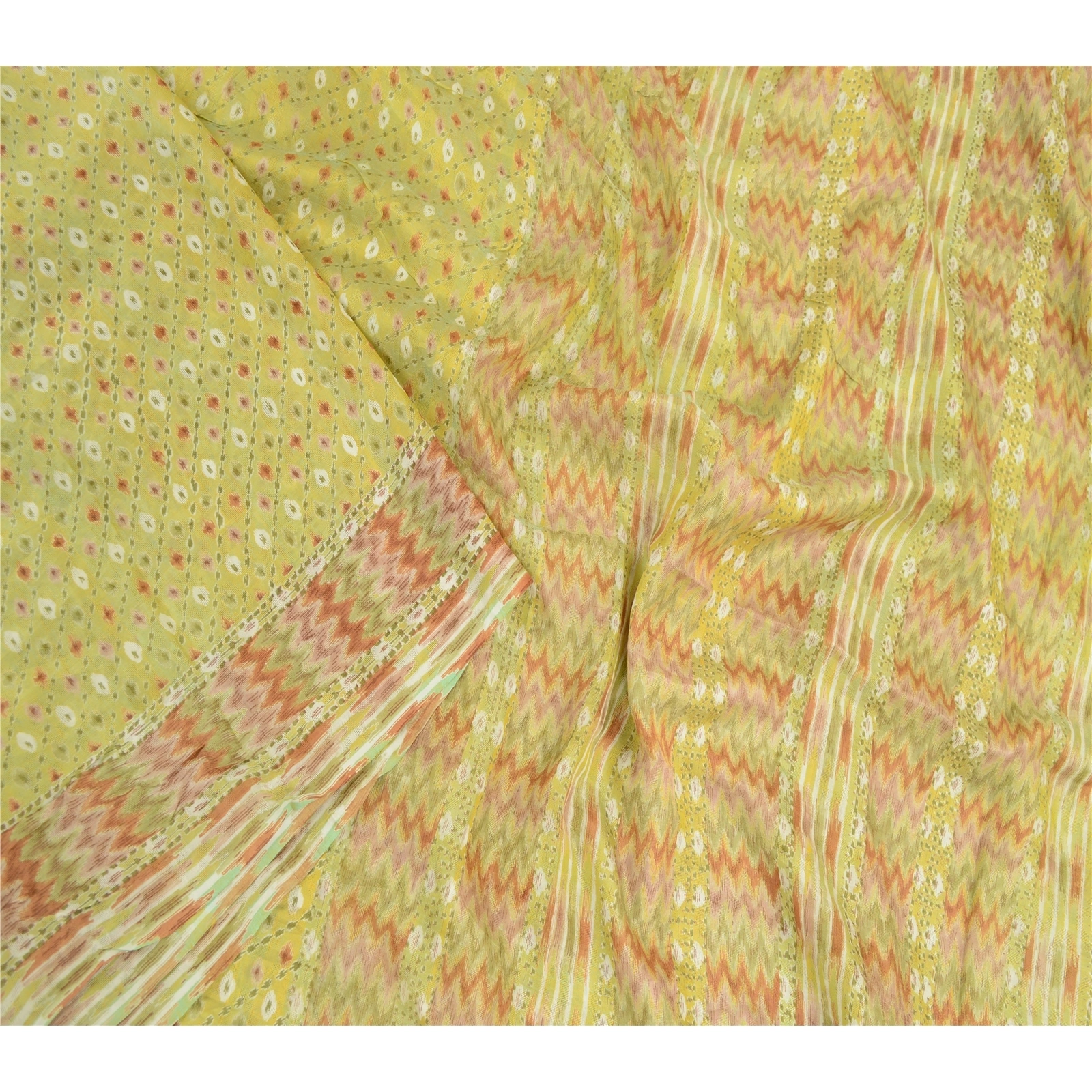 Sanskriti Vintage Sarees Indian Green Pure Silk Ikat Printed Sari Craft Fabric, PR-64163-Green-Pure Silk-1