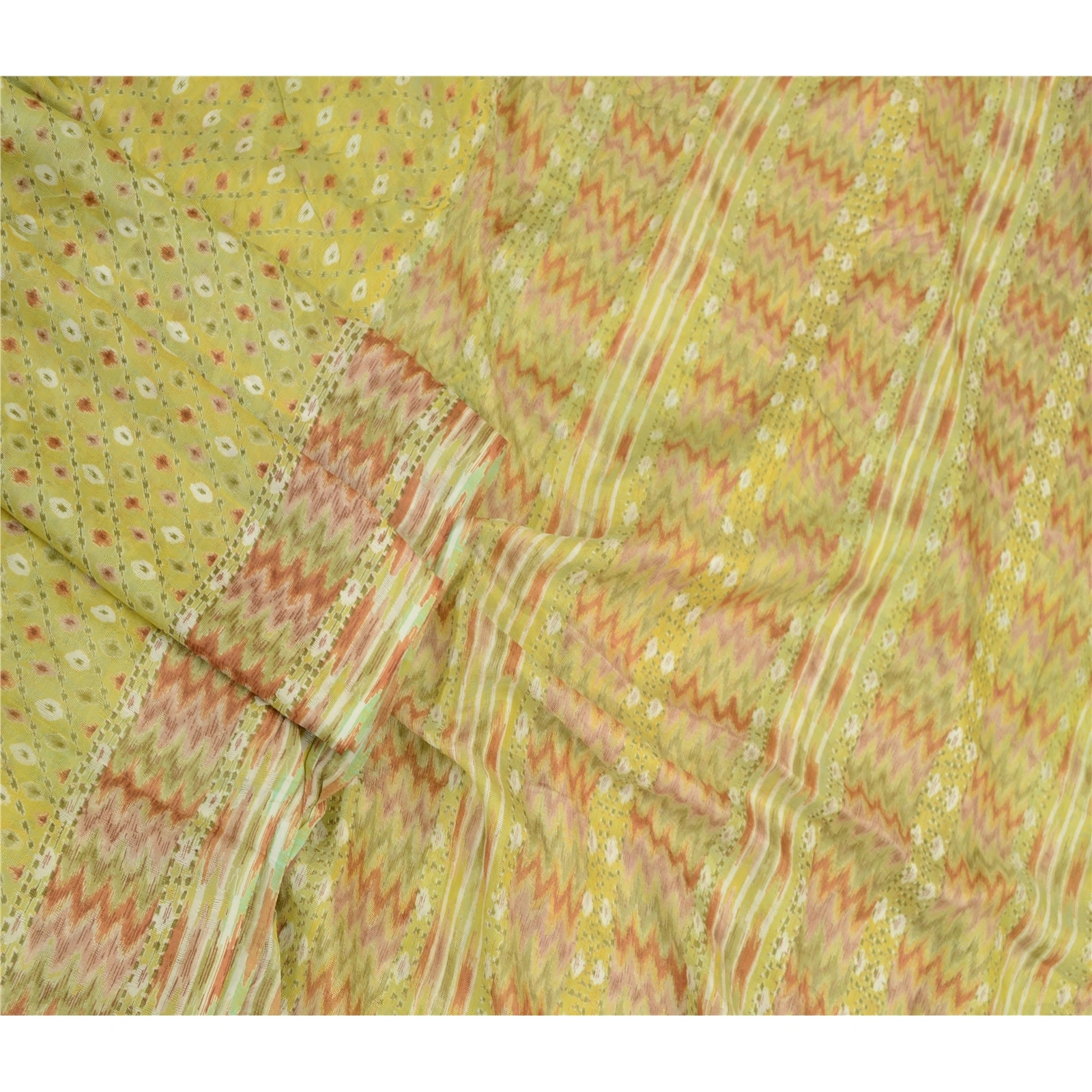 Sanskriti Vintage Sarees Indian Green Pure Silk Ikat Printed Sari Craft Fabric, PR-64163-Green-Pure Silk-2