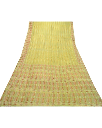 Sanskriti Vintage Sarees Indian Green Pure Silk Ikat Printed Sari Craft Fabric, PR-64163-Green-Pure Silk-7