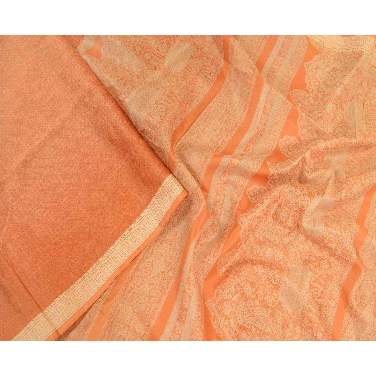 Sanskriti Vintage Sarees Indian Peach Pure Silk Printed Sari Soft Craft Fabric, PR-64165-Peach-Pure Silk-1