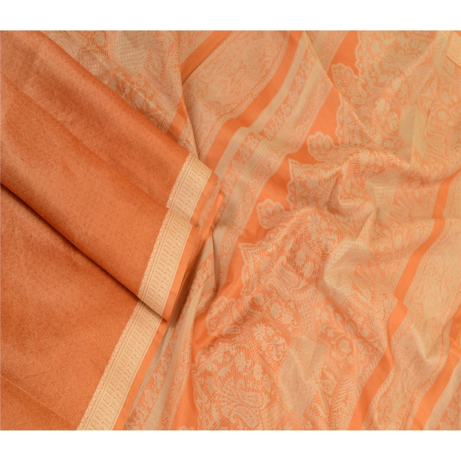 Sanskriti Vintage Sarees Indian Peach Pure Silk Printed Sari Soft Craft Fabric, PR-64165-Peach-Pure Silk-2