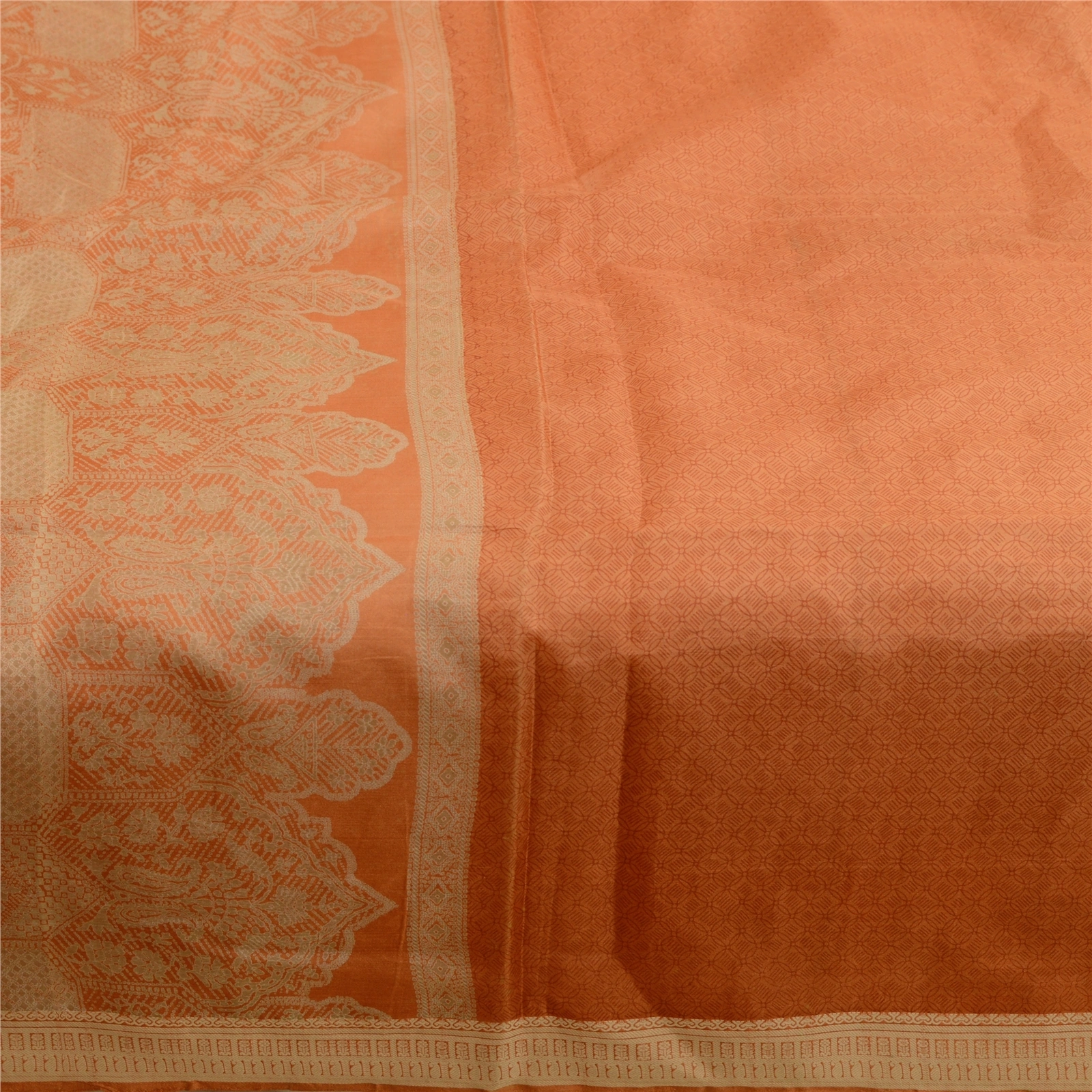 Sanskriti Vintage Sarees Indian Peach Pure Silk Printed Sari Soft Craft Fabric, PR-64165-Peach-Pure Silk-3