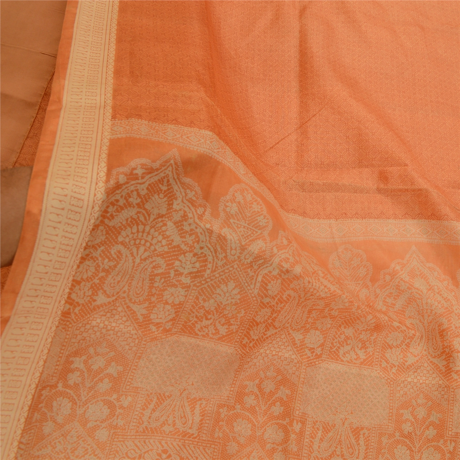 Sanskriti Vintage Sarees Indian Peach Pure Silk Printed Sari Soft Craft Fabric, PR-64165-Peach-Pure Silk-5