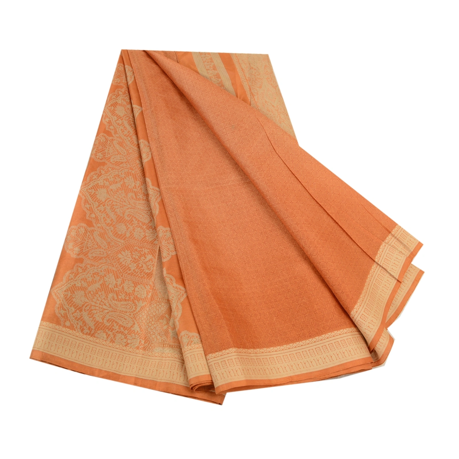 Sanskriti Vintage Sarees Indian Peach Pure Silk Printed Sari Soft Craft Fabric, PR-64165-Peach-Pure Silk-6