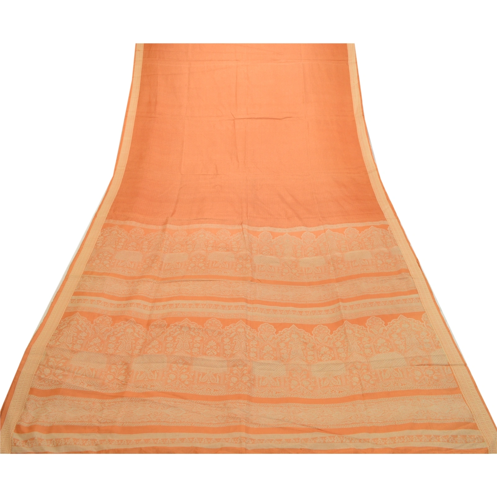 Sanskriti Vintage Sarees Indian Peach Pure Silk Printed Sari Soft Craft Fabric, PR-64165-Peach-Pure Silk-7