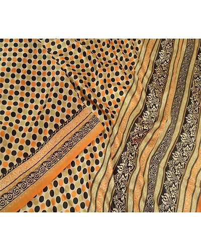 Sanskriti Vintage Sarees Cream 100% Pure Silk Printed Sari Floral Craft Fabric, PR-64180-Cream-Pure Silk-1