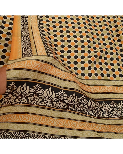 Sanskriti Vintage Sarees Cream 100% Pure Silk Printed Sari Floral Craft Fabric, PR-64180-Cream-Pure Silk-5