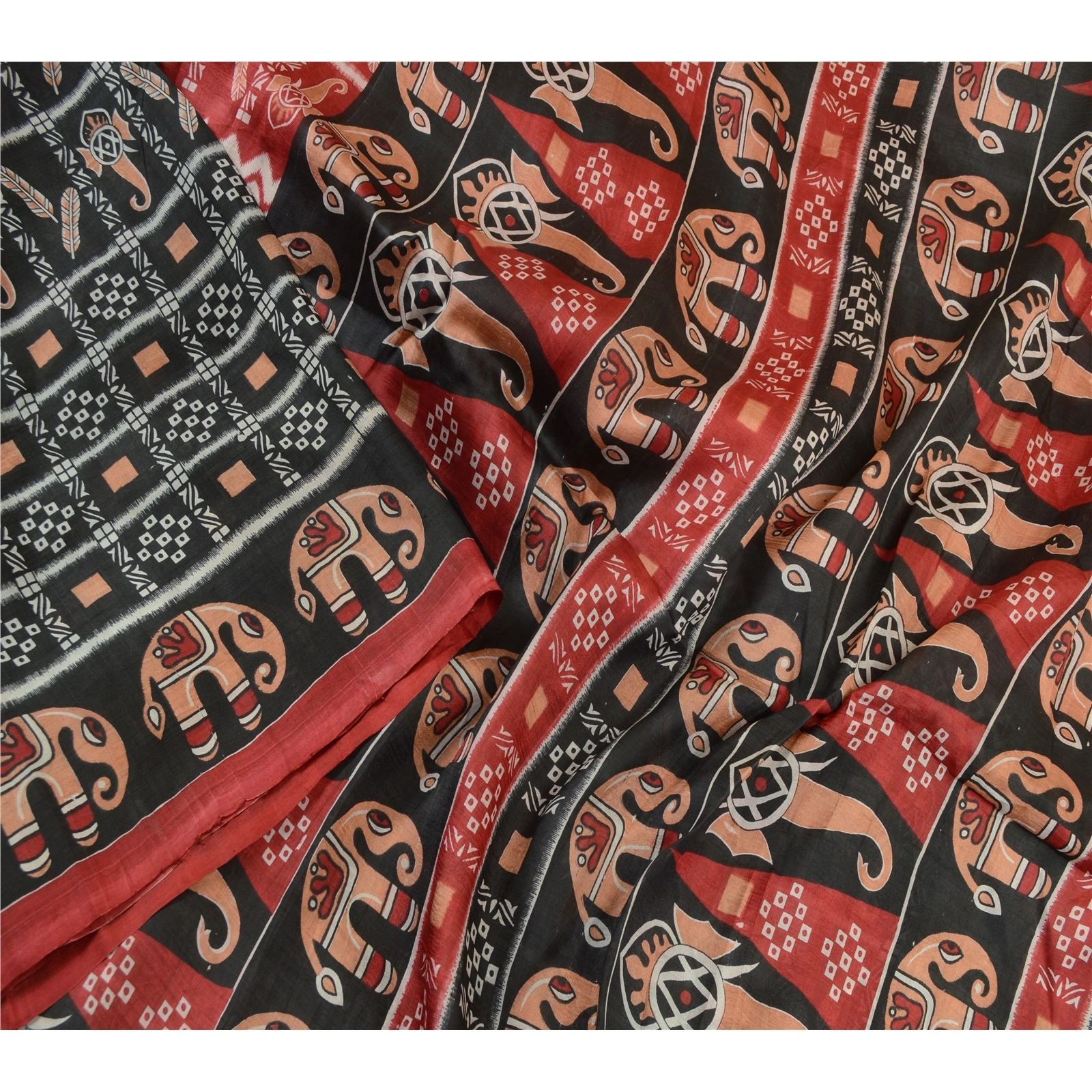 Sanskriti Vintage Sarees Indian Black Elephant Print Pure Silk Sari Craft Fabric, PR-64191-Black-Pure Silk-1