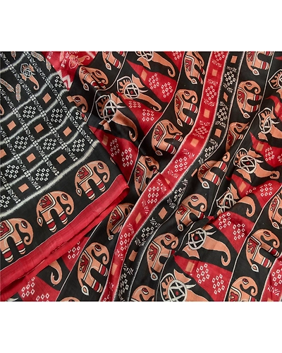 Sanskriti Vintage Sarees Indian Black Elephant Print Pure Silk Sari Craft Fabric, PR-64191-Black-Pure Silk-1