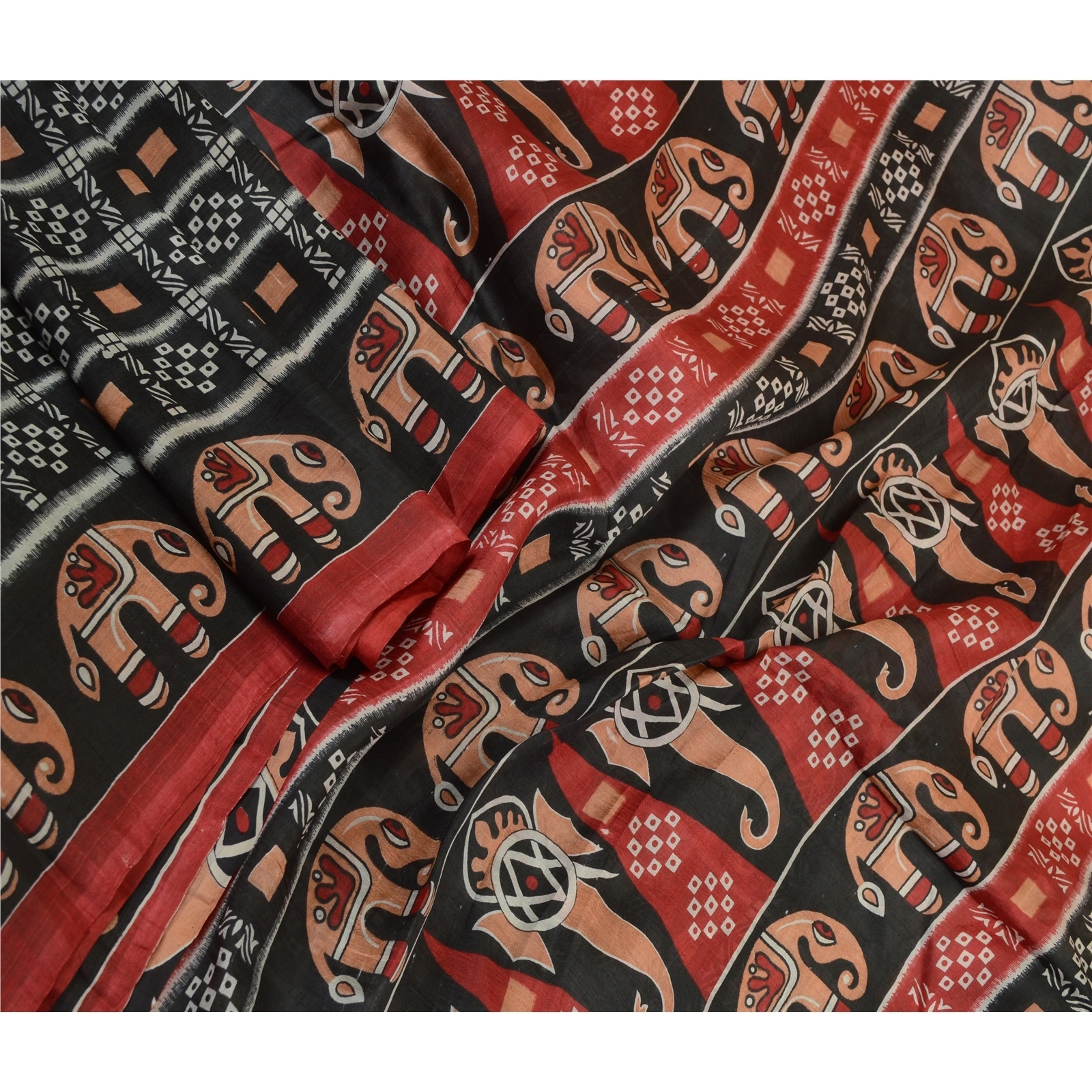 Sanskriti Vintage Sarees Indian Black Elephant Print Pure Silk Sari Craft Fabric, PR-64191-Black-Pure Silk-2