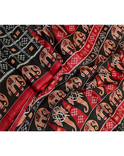 Sanskriti Vintage Sarees Indian Black Elephant Print Pure Silk Sari Craft Fabric, PR-64191-Black-Pure Silk-2