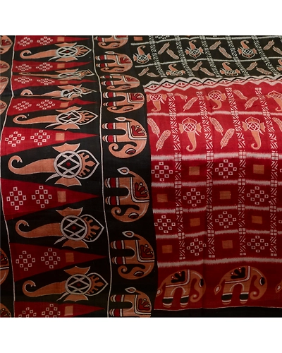 Sanskriti Vintage Sarees Indian Black Elephant Print Pure Silk Sari Craft Fabric, PR-64191-Black-Pure Silk-3