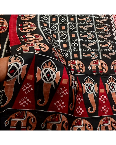 Sanskriti Vintage Sarees Indian Black Elephant Print Pure Silk Sari Craft Fabric, PR-64191-Black-Pure Silk-5