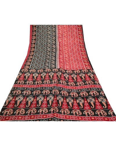 Sanskriti Vintage Sarees Indian Black Elephant Print Pure Silk Sari Craft Fabric, PR-64191-Black-Pure Silk-7