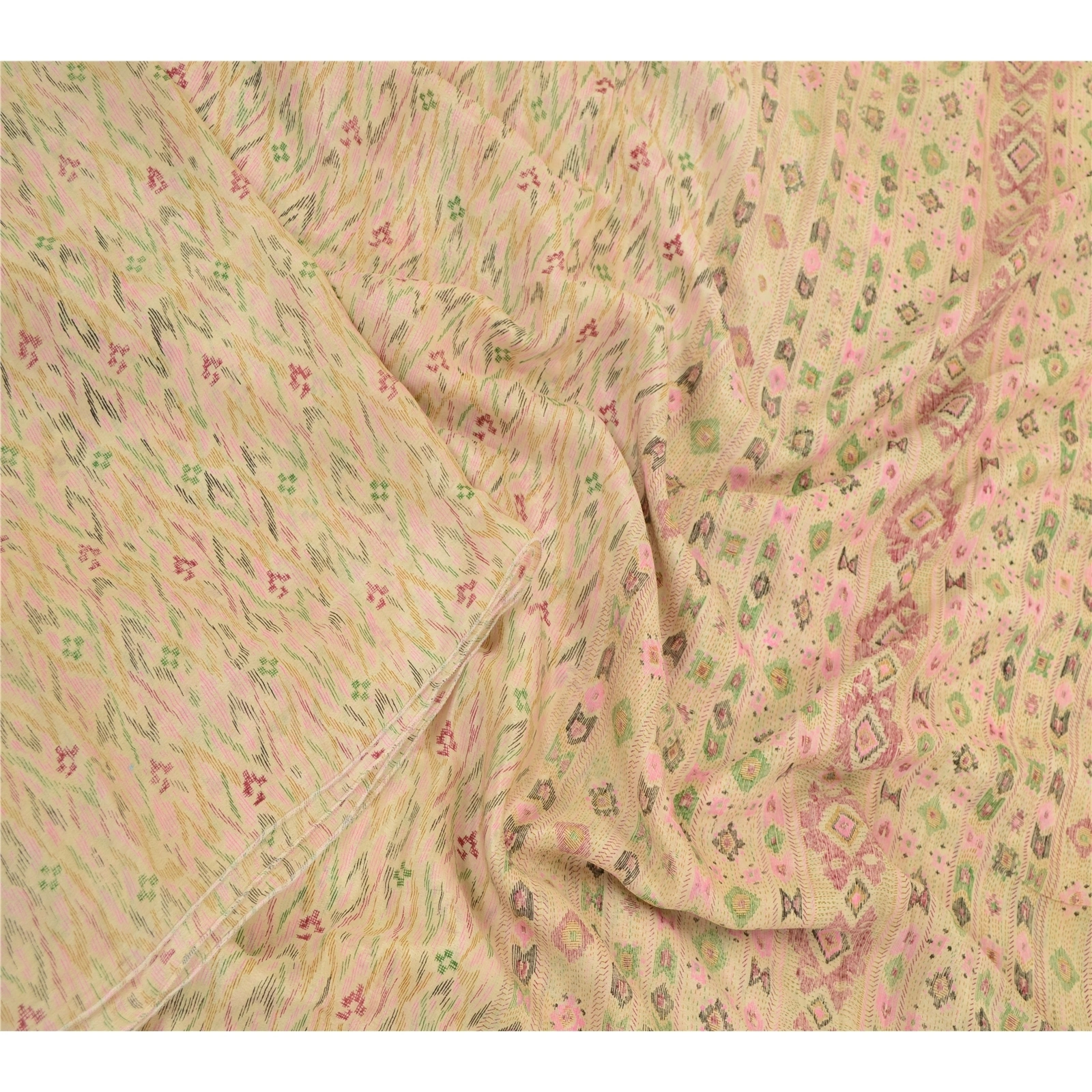 Sanskriti Vintage Sarees Cream Pure Silk Ikat Printed Sari Floral Craft Fabric, PR-64197-Shades Of Cream-Pure Silk-1