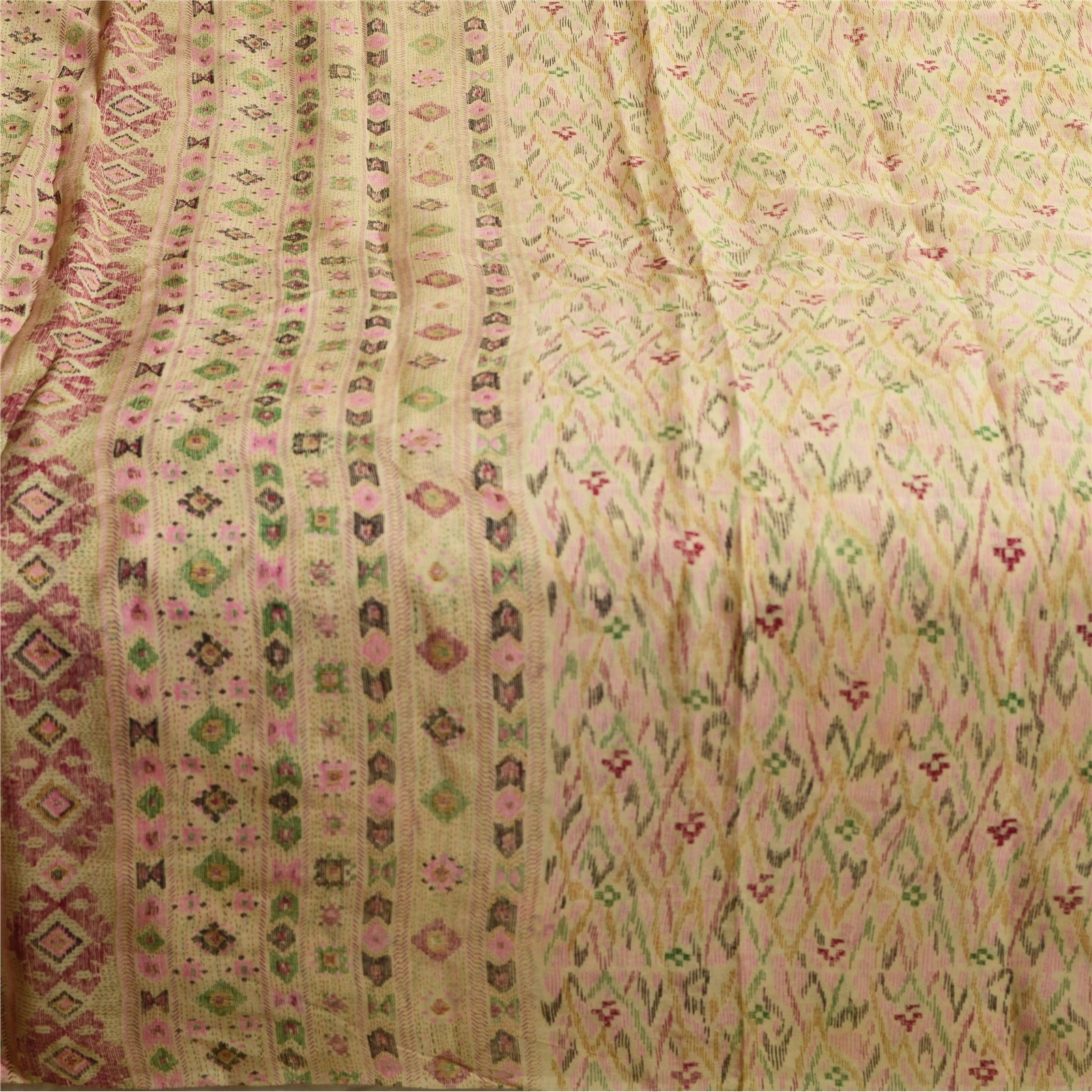 Sanskriti Vintage Sarees Cream Pure Silk Ikat Printed Sari Floral Craft Fabric, PR-64197-Shades Of Cream-Pure Silk-3