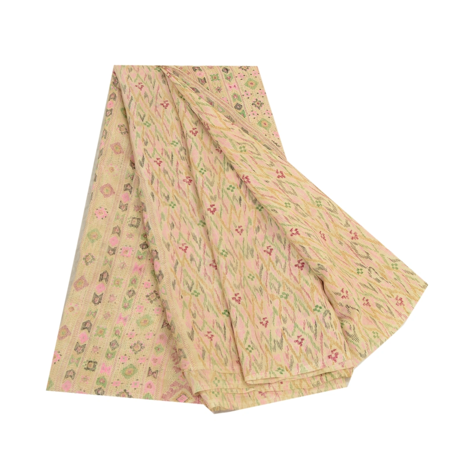 Sanskriti Vintage Sarees Cream Pure Silk Ikat Printed Sari Floral Craft Fabric, PR-64197-Shades Of Cream-Pure Silk-6