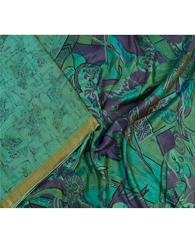 Sanskriti Vintage Sarees Green Zari Border Pure Silk Printed Sari Craft Fabric, PR-64199-Teal-Green-Pure Silk-1