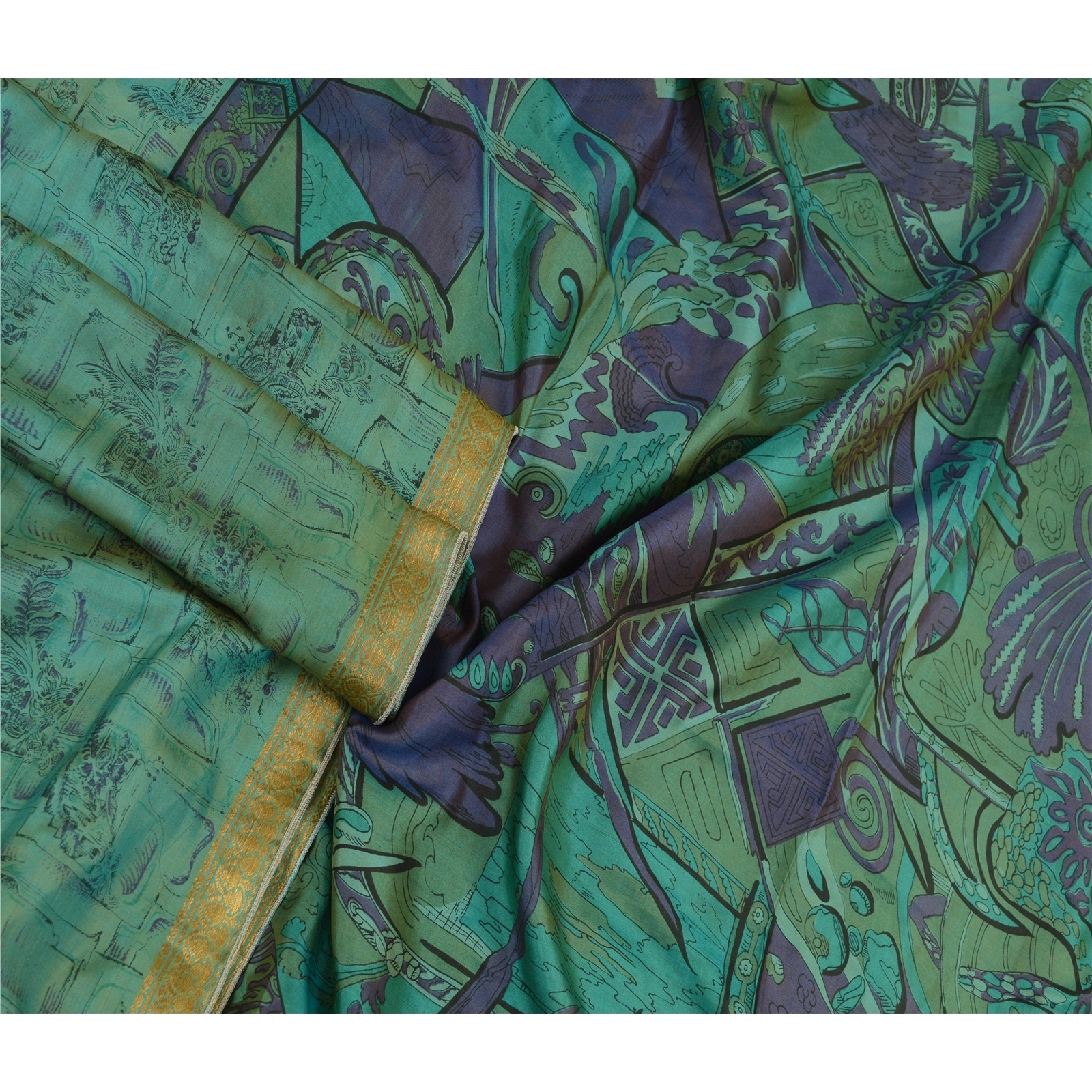 Sanskriti Vintage Sarees Green Zari Border Pure Silk Printed Sari Craft Fabric, PR-64199-Teal-Green-Pure Silk-2