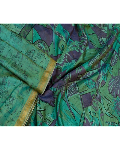 Sanskriti Vintage Sarees Green Zari Border Pure Silk Printed Sari Craft Fabric, PR-64199-Teal-Green-Pure Silk-2