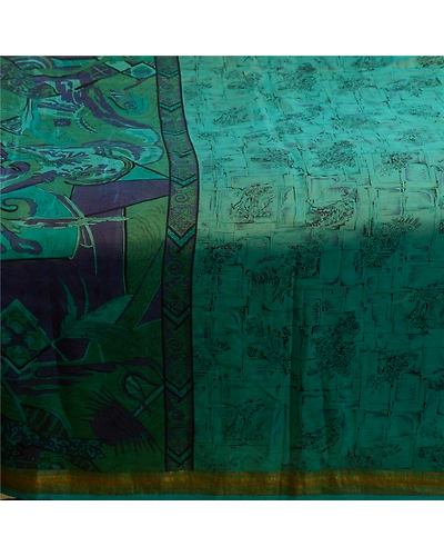 Sanskriti Vintage Sarees Green Zari Border Pure Silk Printed Sari Craft Fabric, PR-64199-Teal-Green-Pure Silk-3