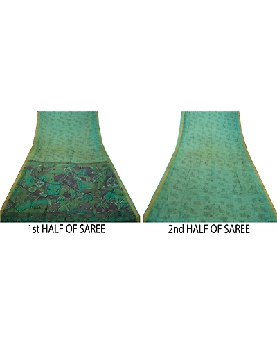 Sanskriti Vintage Sarees Green Zari Border Pure Silk Printed Sari Craft Fabric, PR-64199-Teal-Green-Pure Silk-4