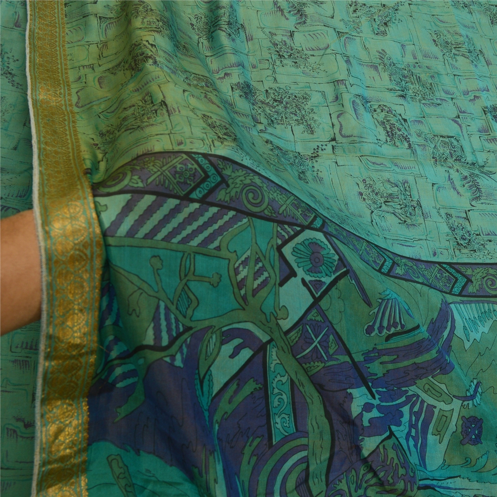 Sanskriti Vintage Sarees Green Zari Border Pure Silk Printed Sari Craft Fabric, PR-64199-Teal-Green-Pure Silk-5