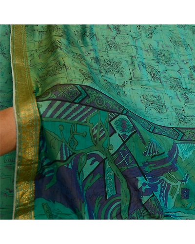 Sanskriti Vintage Sarees Green Zari Border Pure Silk Printed Sari Craft Fabric, PR-64199-Teal-Green-Pure Silk-5