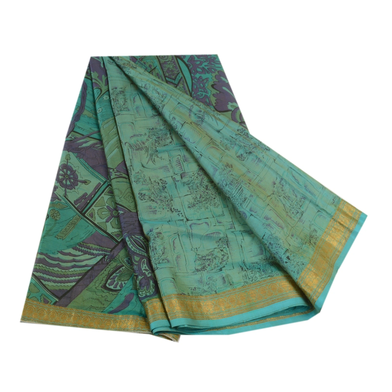 Sanskriti Vintage Sarees Green Zari Border Pure Silk Printed Sari Craft Fabric, PR-64199-Teal-Green-Pure Silk-6