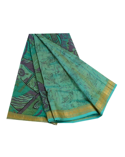 Sanskriti Vintage Sarees Green Zari Border Pure Silk Printed Sari Craft Fabric, PR-64199-Teal-Green-Pure Silk-6