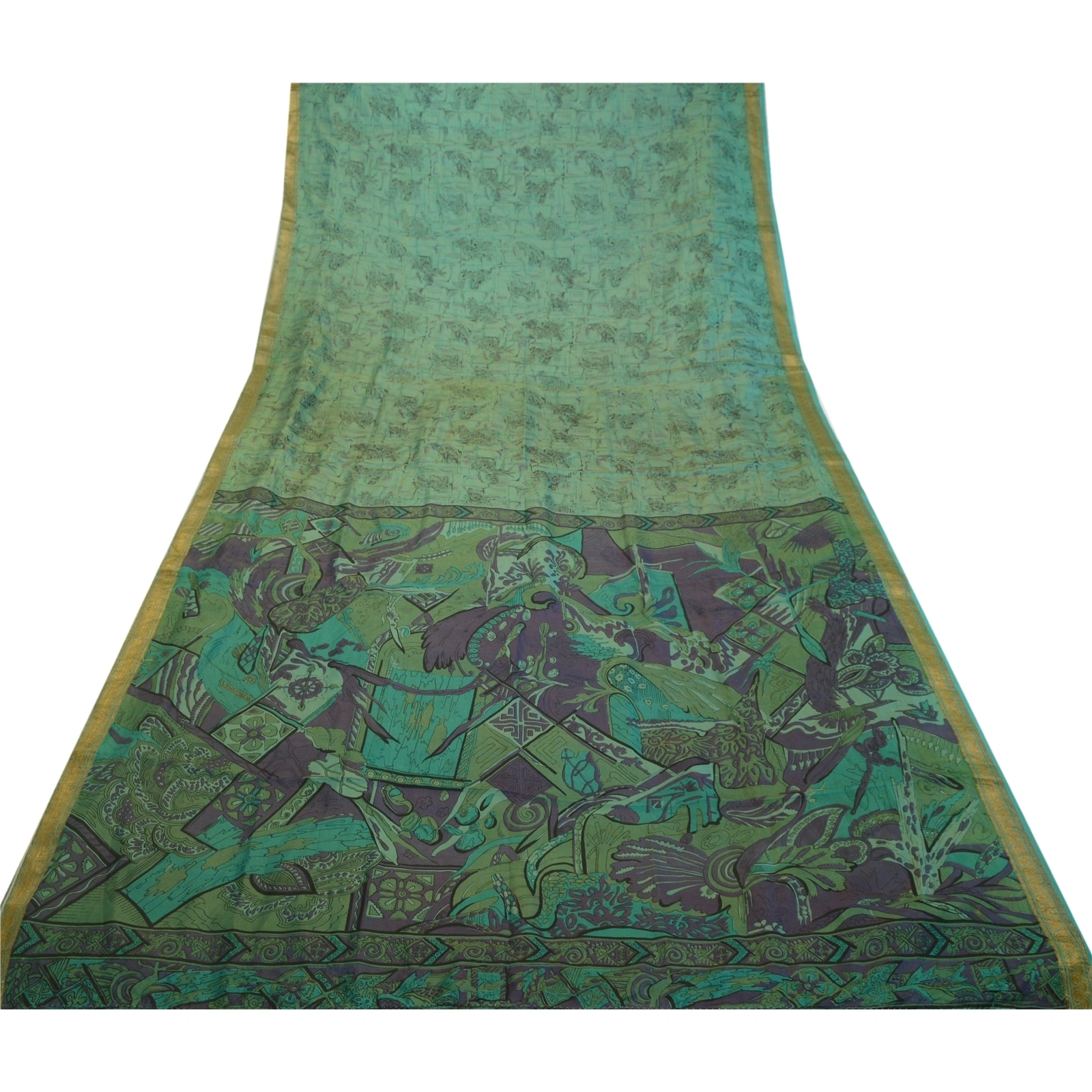 Sanskriti Vintage Sarees Green Zari Border Pure Silk Printed Sari Craft Fabric, PR-64199-Teal-Green-Pure Silk-7