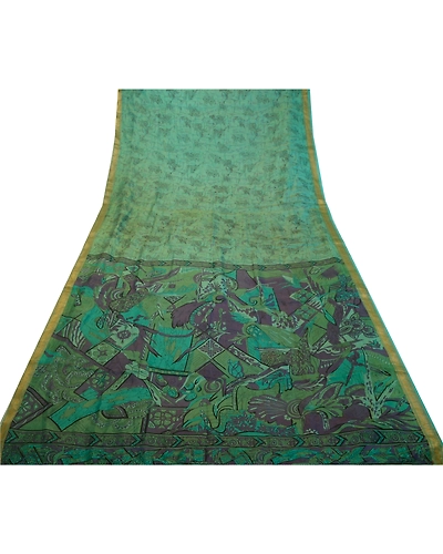 Sanskriti Vintage Sarees Green Zari Border Pure Silk Printed Sari Craft Fabric, PR-64199-Teal-Green-Pure Silk-7