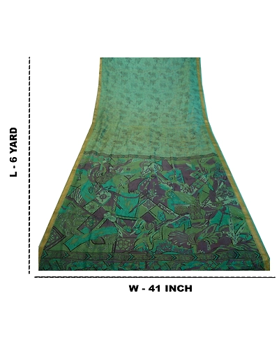 Sanskriti Vintage Sarees Green Zari Border Pure Silk Printed Sari Craft Fabric, PR-64199-Teal-Green-Pure Silk-8