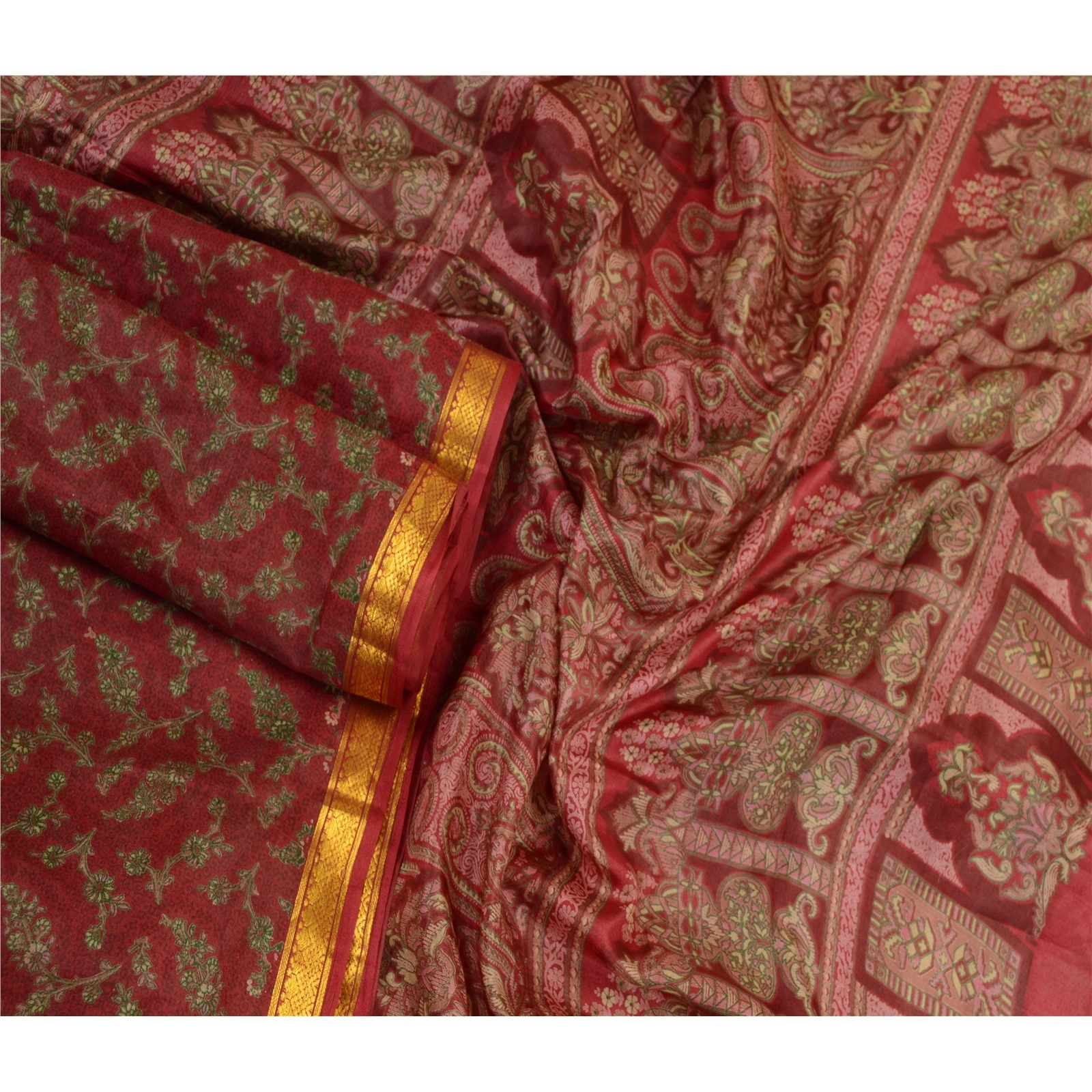 Sanskriti Vintage Sarees Red Zari Border Printed Pure Silk Sari 5Yd Craft Fabric, PR-64210-Dark Red-Pure Silk-1