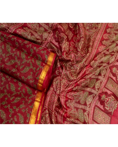 Sanskriti Vintage Sarees Red Zari Border Printed Pure Silk Sari 5Yd Craft Fabric, PR-64210-Dark Red-Pure Silk-1