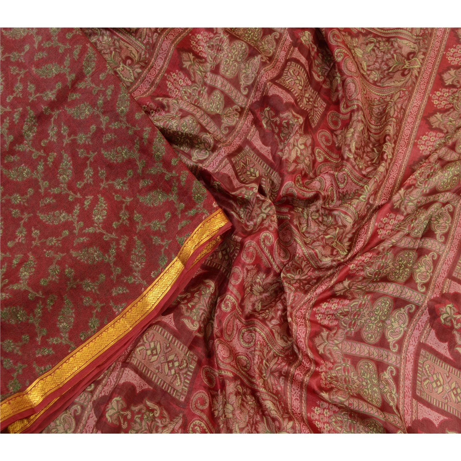 Sanskriti Vintage Sarees Red Zari Border Printed Pure Silk Sari 5Yd Craft Fabric, PR-64210-Dark Red-Pure Silk-2