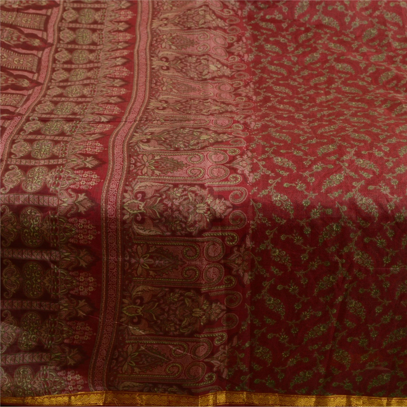 Sanskriti Vintage Sarees Red Zari Border Printed Pure Silk Sari 5Yd Craft Fabric, PR-64210-Dark Red-Pure Silk-3