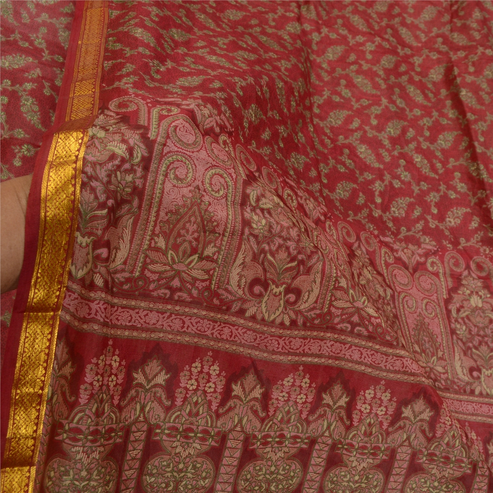 Sanskriti Vintage Sarees Red Zari Border Printed Pure Silk Sari 5Yd Craft Fabric, PR-64210-Dark Red-Pure Silk-5