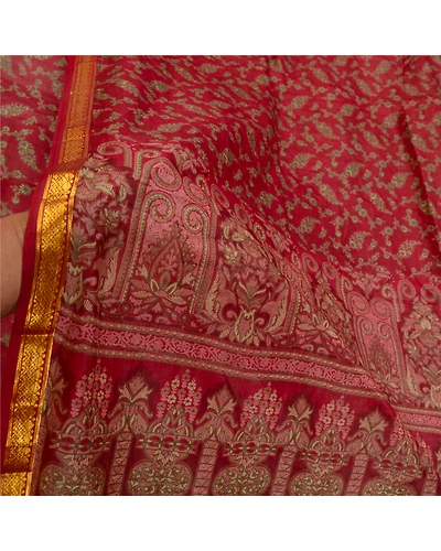 Sanskriti Vintage Sarees Red Zari Border Printed Pure Silk Sari 5Yd Craft Fabric, PR-64210-Dark Red-Pure Silk-5