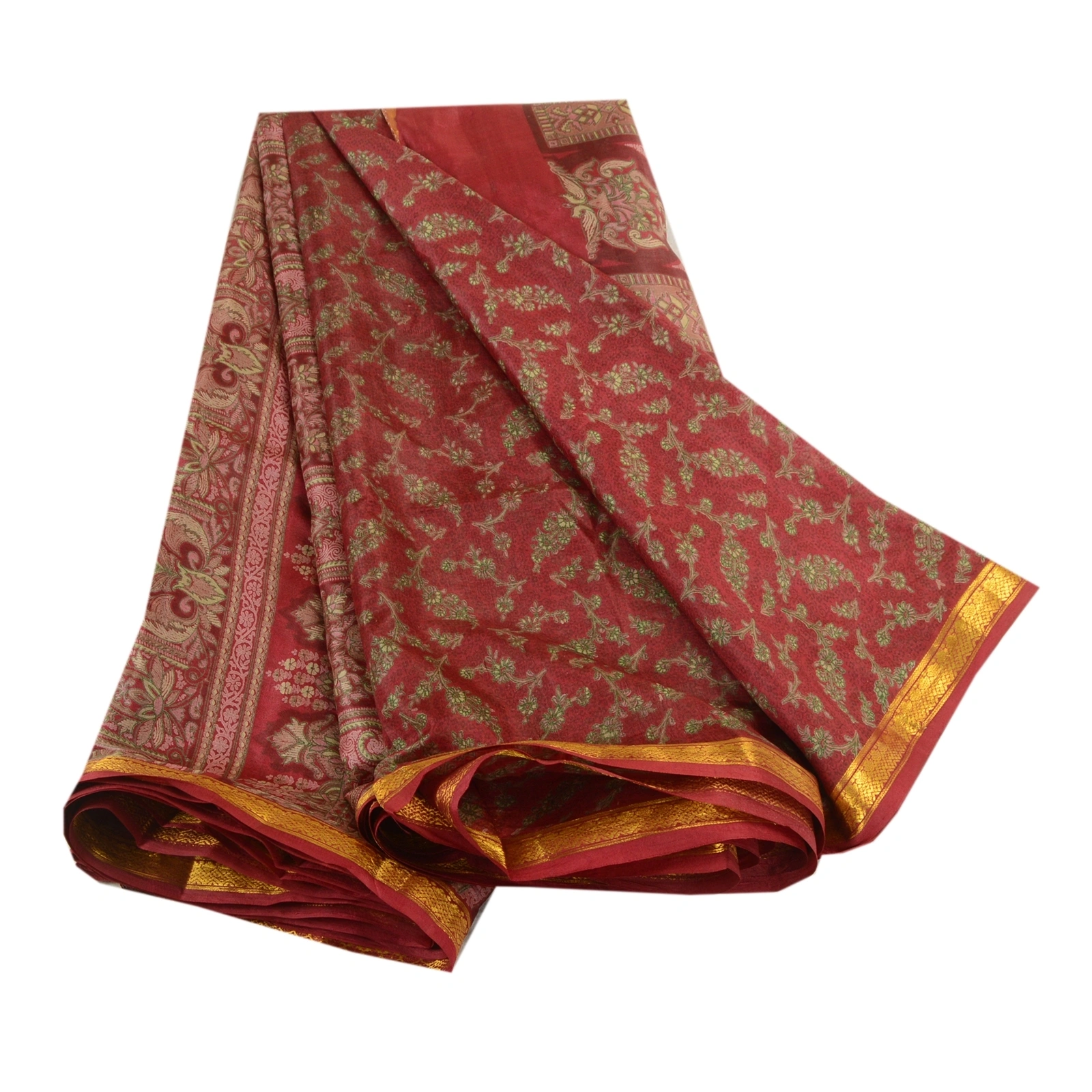 Sanskriti Vintage Sarees Red Zari Border Printed Pure Silk Sari 5Yd Craft Fabric, PR-64210-Dark Red-Pure Silk-6