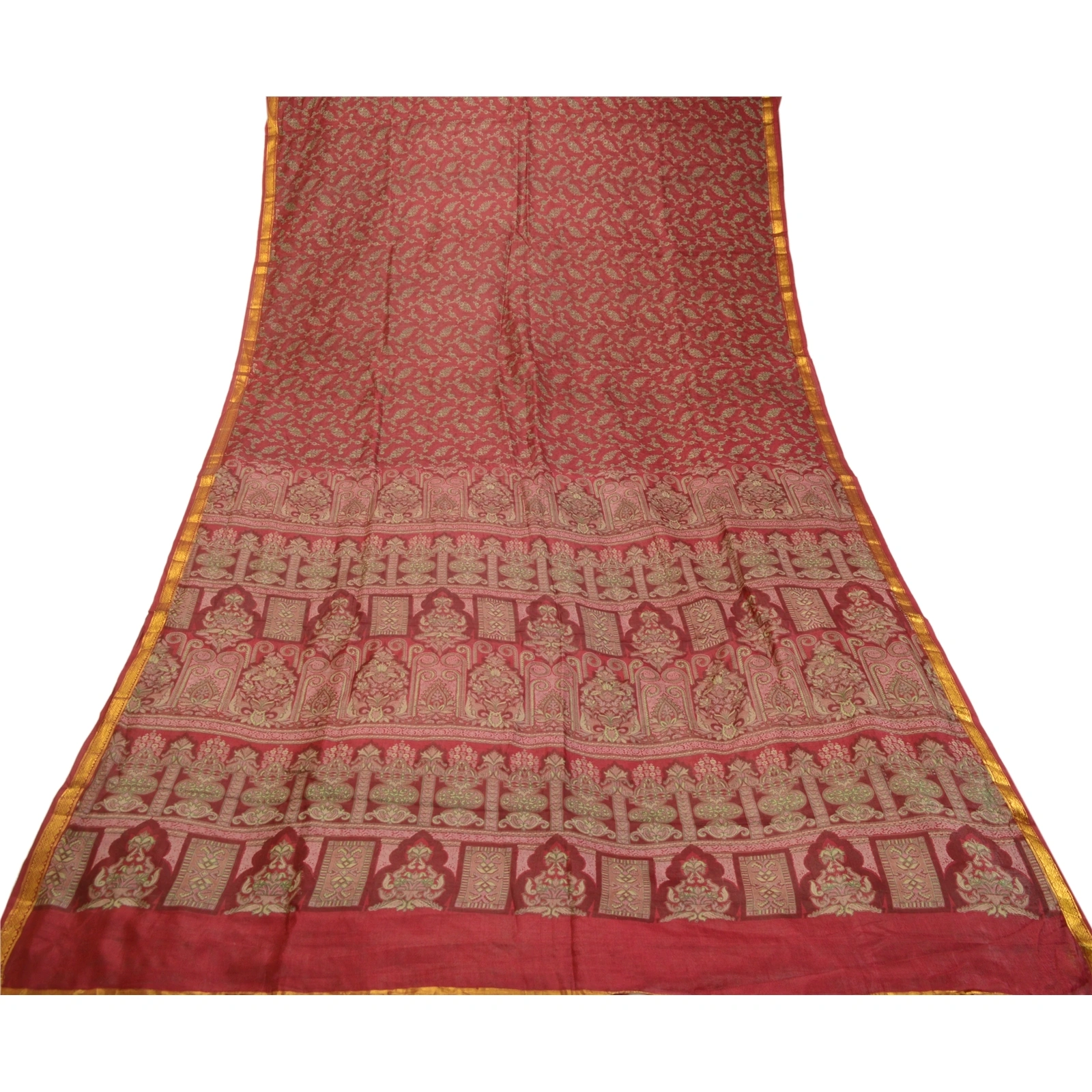 Sanskriti Vintage Sarees Red Zari Border Printed Pure Silk Sari 5Yd Craft Fabric, PR-64210-Dark Red-Pure Silk-7