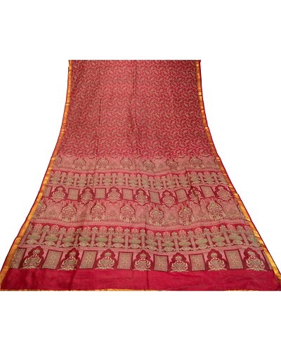 Sanskriti Vintage Sarees Red Zari Border Printed Pure Silk Sari 5Yd Craft Fabric, PR-64210-Dark Red-Pure Silk-7